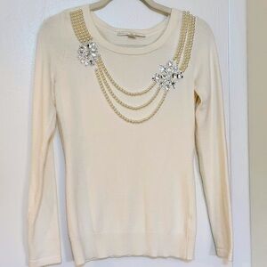 Boston Proper Cream Holiday Sweater With Layers Of Pearls,Crystal Clusters SZ XS